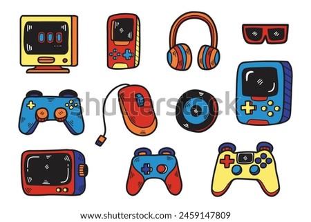 A collection of video game controllers and accessories. The controllers include a Wii remote, a Nintendo GameCube controller, and a Nintendo Wii Nunchuk. The accessories include a headset, a mouse