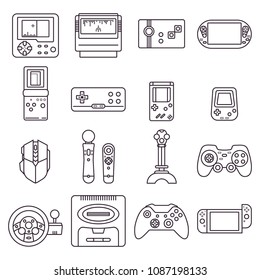 Collection of video game home and portable consoles, gamepads, joysticks, joypads, controllers and other gaming gear - vector signs and symbols in thin outline design.