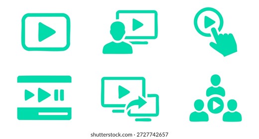 Colección Video de íconos que representan contenido multimedia en dispositivos digitales e interacción del usuario con un estilo de diseño limpio y simple