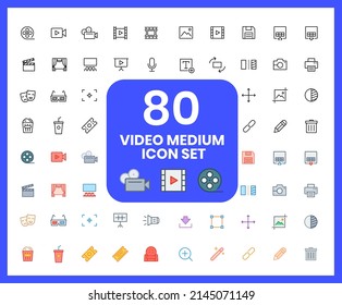 Collection of video medium linear icons and color icons. cinema, camera, film, tool, screenings. Set of Movies symbols drawn with thin contour lines.