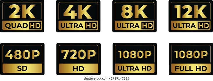 Una colección Video de etiquetas de resolución de Definición estándar (SD) a ultra Alta definición (UHD) que incluye 480p, 720p, 1080p, 2K, 4K, 8K y 12K.