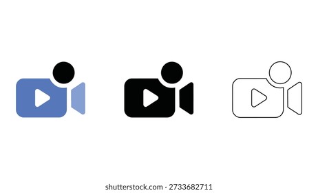 Sammlung von Video-Support-Symbolen, die die Kommunikation erleichtern und Unterstützung bieten. Diese Symbole repräsentieren die Wiedergabetaste und die Person, die die Verbindung zwischen Individuen durch Videokonferenzen und Online-Support symbolisieren. Die Icons sind in verschiedenen Farben und Stilen erhältlich, sodass sie für verschiedene digitale Plattformen und Anwendungen vielseitig einsetzbar sind.