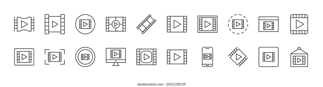 Coleção de Fitas de Vídeo Relacionadas a Ícones de Linha. Outline Signs para Gráficos e Web Design, Apps, Anúncios, Vários Cartões 