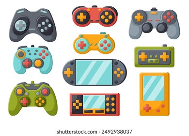 Collection of videogame joysticks. Retro game consoles and wireless gamepads, icons of playing controllers on white background, electronic digital devices, accessory for gamers, gaming technology.