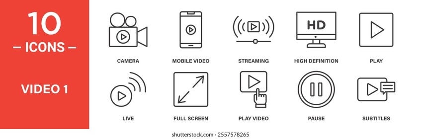 A collection of video-related icons, including camera, mobile video, streaming, HD, play, live, fullscreen, play button, pause, and subtitles for media playback.