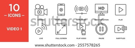 A collection of video-related icons, including camera, mobile video, streaming, HD, play, live, fullscreen, play button, pause, and subtitles for media playback.