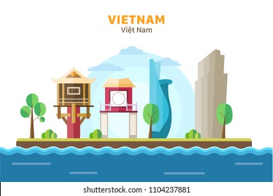 A collection of Vietnam landmarks with background scenary