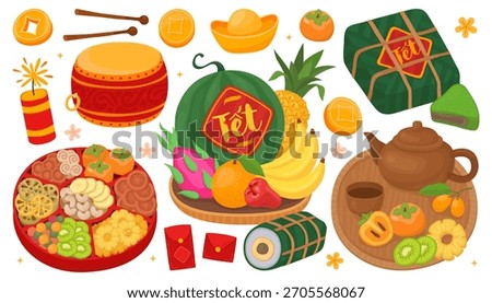 Collection of Vietnamese traditional holiday elements for Lunar New Year (Tet). Fruit tray for altar, candy box, drum, traditional rice cake, tea pot, sweets.