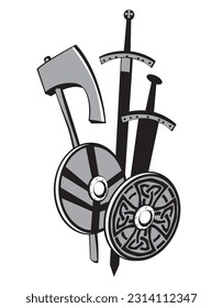 A collection of Viking weapons. Shields, axe and battle swords.