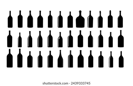 Collection of vine bottle silhouette. Hand drawn vector art.