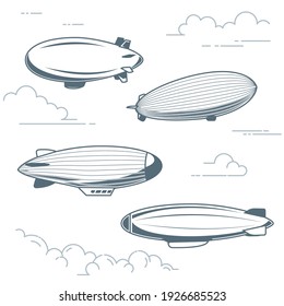 Collection of vintage airships - hot air balloons, blimps and dirigibles