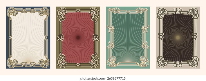 Collection of  vintage Art Nouveau frames with radiant sunburst backgrounds, decorative floral borders, and retro color tones. Perfect for labels, cards, or prints