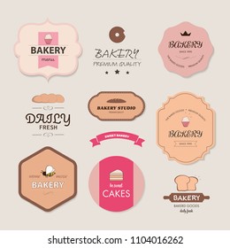 Collection of vintage bakery logo badges and labels.