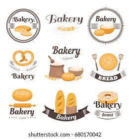 Collection of vintage bakery logo. Retro bakery labels and baking. Set of elements: bread, loaf, bun, baguette, donut, pretzel, flour. Templates for business cards, menu, banners, coupons, packaging. 