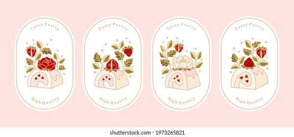 Collection of vintage bakery, pastry, dessert, rollcake logo and food label vector illustration with strawberry, rose, leaf, peony flower elements
