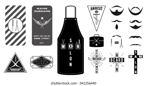 Collection of vintage barber shop emblems, labels, logos and business card in flat style. Vector illustration: mustache, beard, hairdresser apron, haircut tools(accessories) with briefcase.