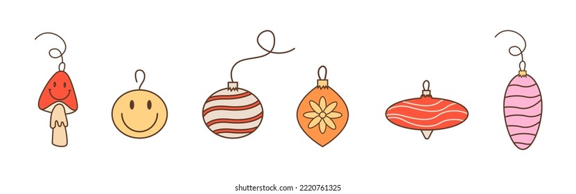 Collection of vintage baubles and decorations for Christmas tree. Set of holiday ornaments. Retro groovy 60s 70s glass balls. Colored vector illustration in flat cartoon style.