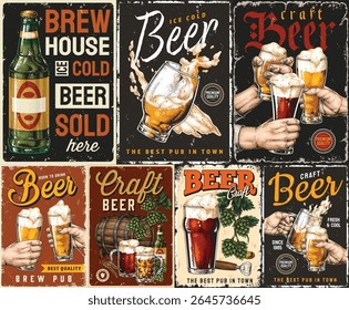 A collection of vintage beer advertisements highlights various beer styles and brands. Each ad celebrates the charm of craft brewing with unique designs and illustrations.