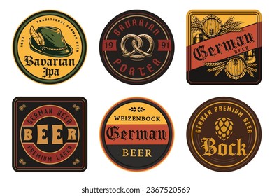 The collection vintage bierdeckels for craft brewing. Old retro designs for decor of bar and pub. Beer bierdeckel vector set for design of brew beer in a brewery