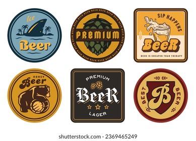 The collection vintage bierdeckels for craft brewing. Old retro designs for decor of bar and pub. Beer bierdeckel vector set for design of brew beer in a brewery