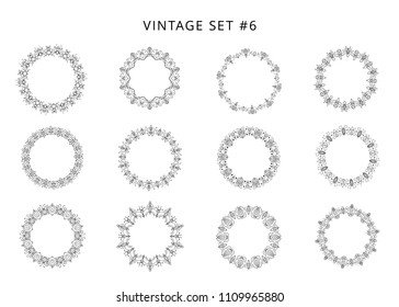 Collection of vintage black circulars borders isolated on white background. Set of round decorative frames. Retro elements. Circulars borders isolated on white background. Vector illustration.