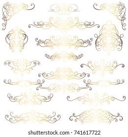 Collection of vintage calligraphic flourishes, curls and swirls decoration for greeting cards,books or dividers. Gold set for decoration and design.
