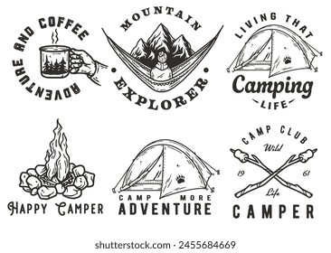 Kollektion von Vintage Camping und Abenteuer Embleme mit Zelten, Lagerfeuer und Natur für Outdoor-Enthusiasten und Wildnis. Set von T-Shirt-Prints für Reisen, Naturwandern und Camp.