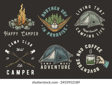 Collection of vintage camping and adventure emblems featuring tents, campfires, and nature for outdoor enthusiasts and wilderness. Set of t-shirt prints for travel, nature hiking and camp.