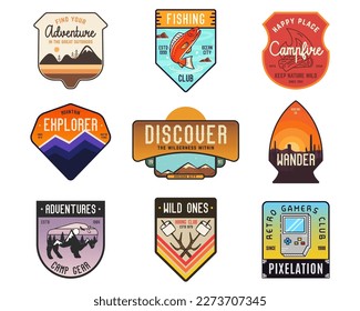 Collection of vintage camping badges featuring various wilderness-themed designs including mountains, forests, and outdoor activities. Stock vector travel labels isolated on white background