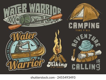 Collection of vintage camping and kayaking themed badges in dark theme. Sticker pack or set for nature hiking and camp. Travel. T-shirt print.