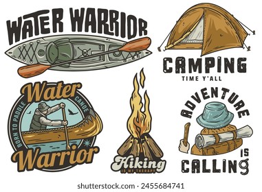 Collection of vintage camping and kayaking themed badges in dark theme. Sticker pack or set for nature hiking and camp. Travel. T-shirt print.