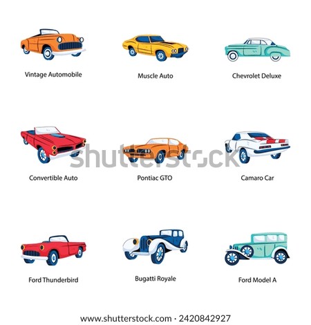 Collection of Vintage Cars Flat Icons 

