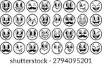 Collection of vintage cartoon faces in 1930s rubber hose style. Set of funny mascots with various expressions, big eyes, and smiles. Vector illustration isolated on white background.