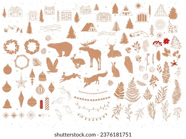 Collection of vintage Christmas cliparts. Woodland Christmas, Winter plants, cabine, Christmas decorations. Editable Vector illustration.