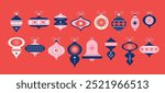 Collection of vintage Christmas decorations, balls, stars, retro ornaments. Symbols, elements isolated on white background. Vector illustration