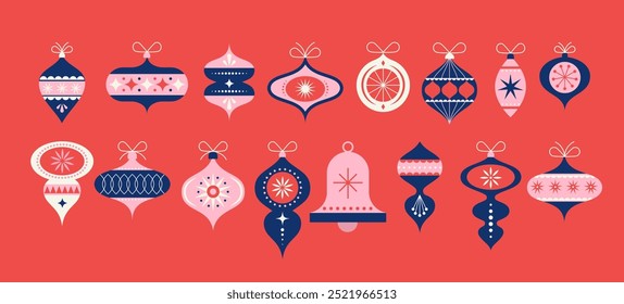 Collection of vintage Christmas decorations, balls, stars, retro ornaments. Symbols, elements isolated on white background. Vector illustration