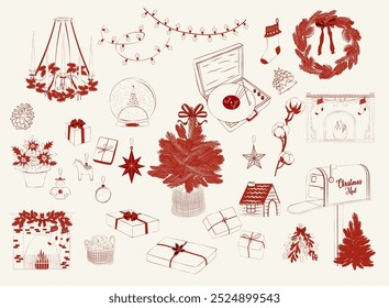 Collection of Vintage Christmas decorations. Christmas tree, toys, fireplace, gift boxes, wreath, mistloe, record player. Editable vector illustration