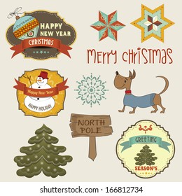 Collection of vintage Christmas decorative elements and labels, vector illustration