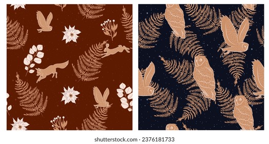 Colección de vintage navidad sin fisuras con animales del bosque y plantas de invierno. Ilustración vectorial editable.