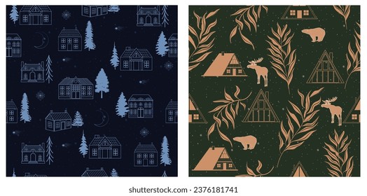 Collection of vintage Christmas seamless pattern with forest animals and winter cottage. Editable vector illustration.