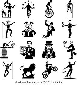 Collection of vintage circus and performance icons featuring various entertainers and acts in black and white style