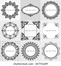 Collection of vintage classic frames and damask patterns. Set of design vector baroque elements. Perfect as invitation or announcement.