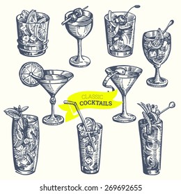 Collection of vintage cocktails. Hand drawn illustrations. Vector.