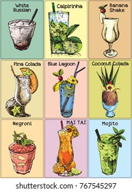 Collection of vintage cocktails. Hand drawn illustrations. Vector. Alcohol drinks set.Blue lagoon, Negroni, White russian, Mojito, Shake, Mai Tai, Pina Colada, Caipirinha