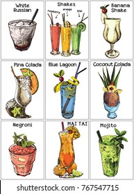 Collection of vintage cocktails. Hand drawn illustrations. Vector. Alcohol drinks set.Blue lagoon, Negroni, White russian, Mojito, Shake, Mai Tai, Pina Colada, Caipirinha