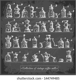 Collection of vintage coffee mills on blackboard. Vector illustration.