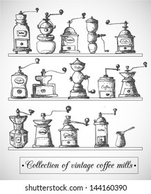 Collection of vintage coffee mills. Vector illustration.