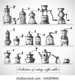 Collection of vintage coffee mills. Vector illustration.