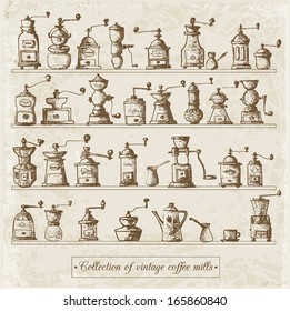  Collection of vintage coffee mills. Vector illustration. 