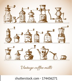  Collection of vintage coffee mills. Vector illustration. 
